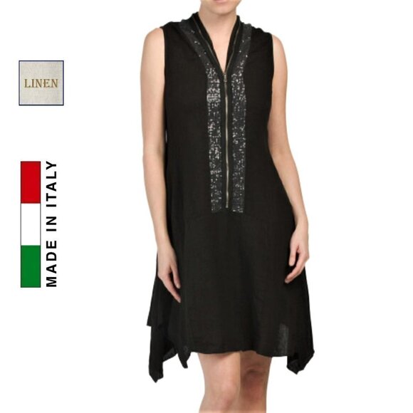 NWT ALESSIA PACINI Made In Italy Zip Front Sequin Trim Linen Midi